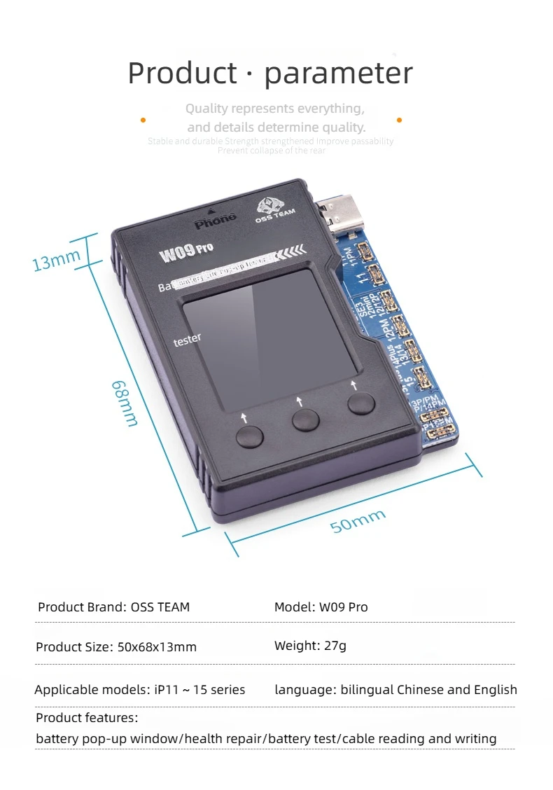OSS W09 Pro V3 Battery Life Pop-up Tester for IPhone11-15PM Detection Modify Battery Efficiency 100% Cycle Health Data Tool