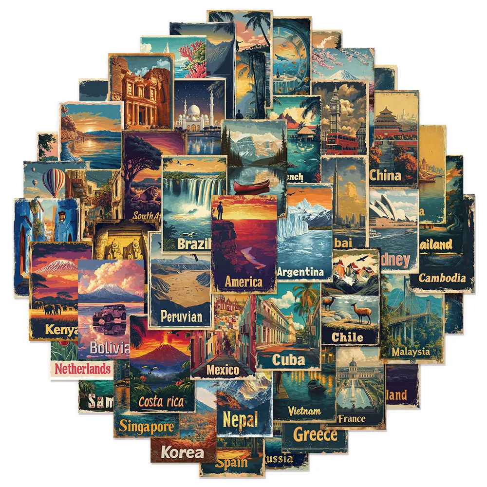 

50 шт. креативные 1950-х годов ретро туристические плакаты наклейки декоративные чехлы для телефонов водонепроницаемые наклейки для ноутбуков/мотоциклов