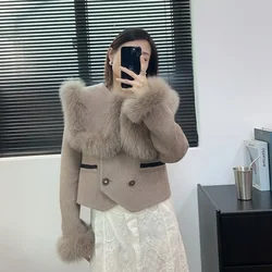 Sailor Collar Double Breasted Fur Sleeve Wool Coat Female 2024 New Autumn Winter Fashion Sweet Real Fox Fur Woolen Jacket Women