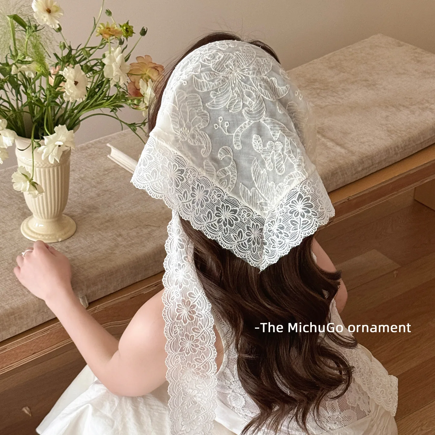 Headscarf Lace Triangle White Women Early Spring Rustic Photography Headband Soft Breathable Lightweight Adjustable