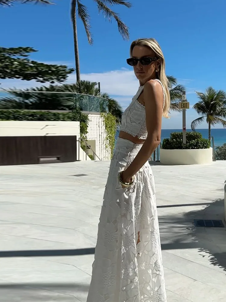 

Sexy Lace Vest Hollow Long Skirt Set Women Retro White Short Slim Top High Waist Pleated Skirts Sets Lady Chic Street Holiday