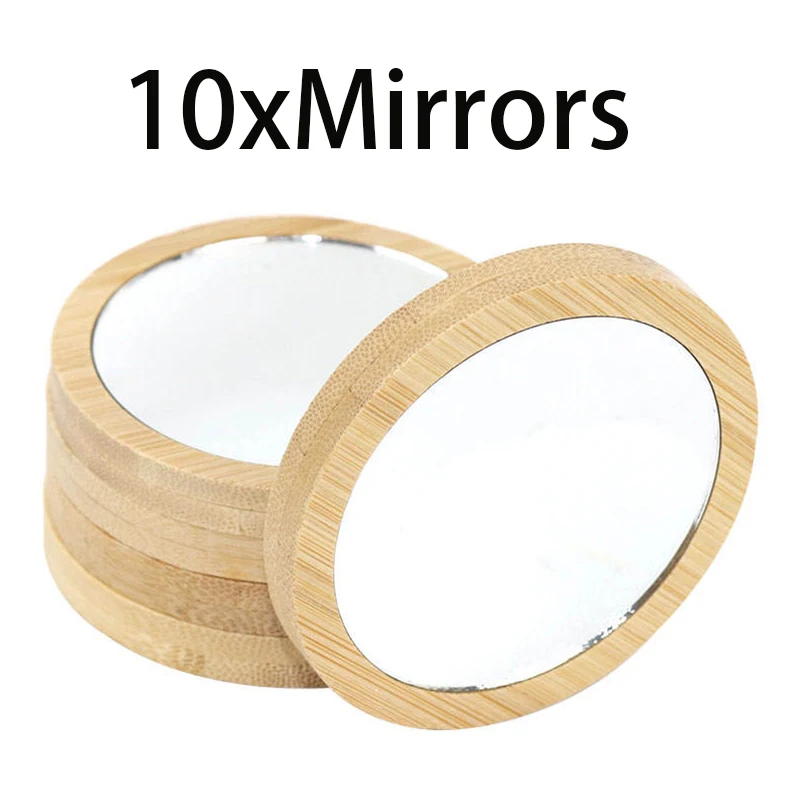 10 Pcs Wood Mini Makeup Mirrors Small Round Mirror Round Glass Small Round Pocket Mirror Portable Women's Hand Mirrors