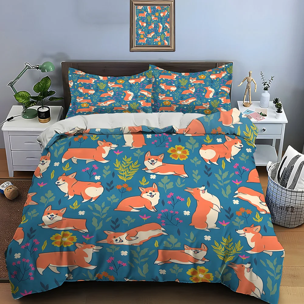 Cute corgis with floral Pattern Duvet Cover Set Digital Print Colorful Polyester Bedding with Zipper Closur for kids gifts