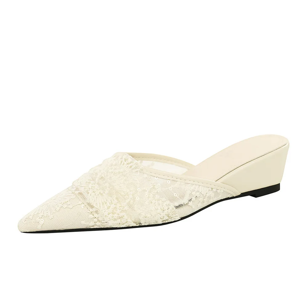 Wedges Mules Women Shoes Lace Pointed Toe Pumps Luxury Slip on Slippers Shallow Med Heels Slides Fashion Apricot