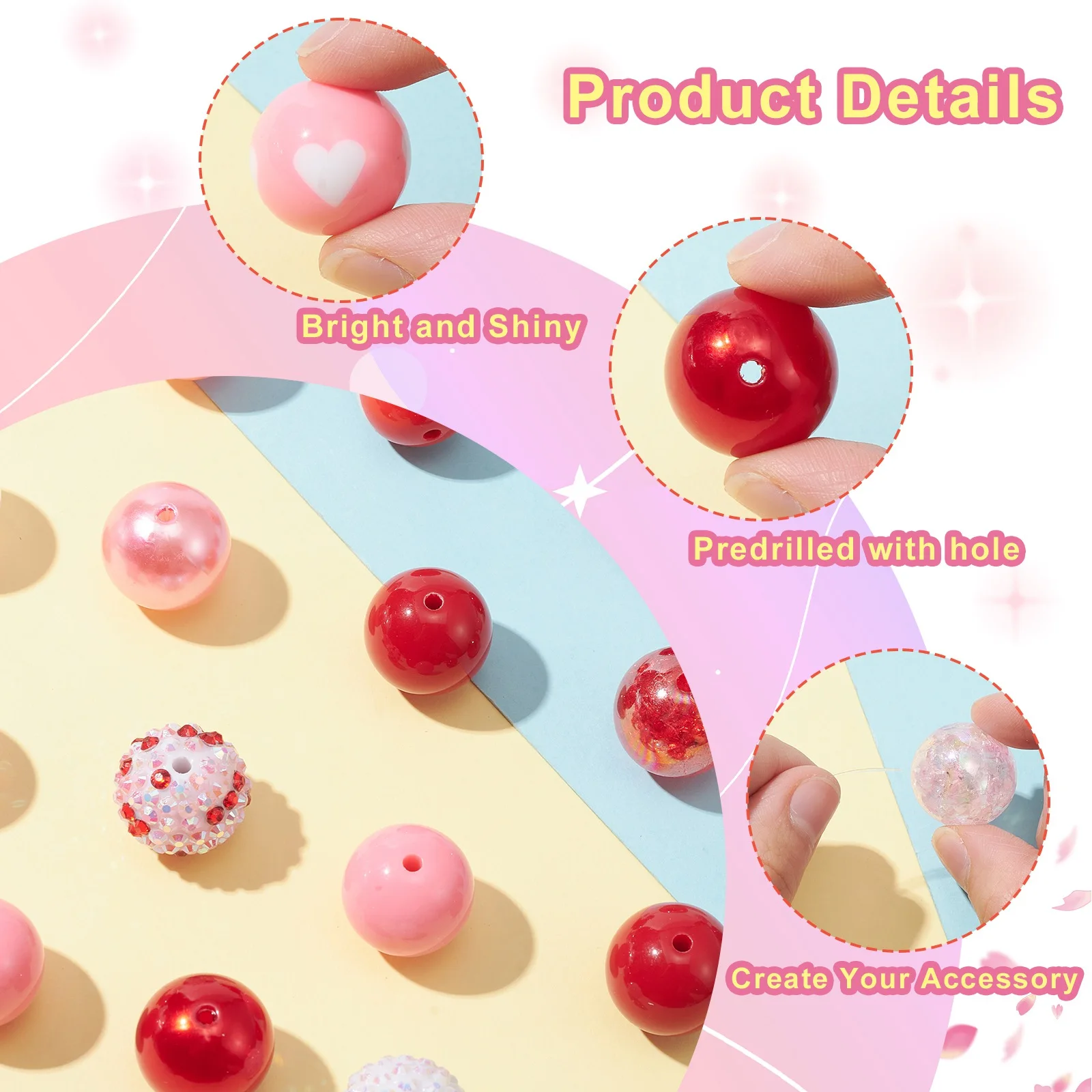50Pcs 20mm Valentine\'s Day Theme Beads Pink & Red &Green Bubblegum Beads Acrylic Heart Beads for DIY Jewelry Making Accessories