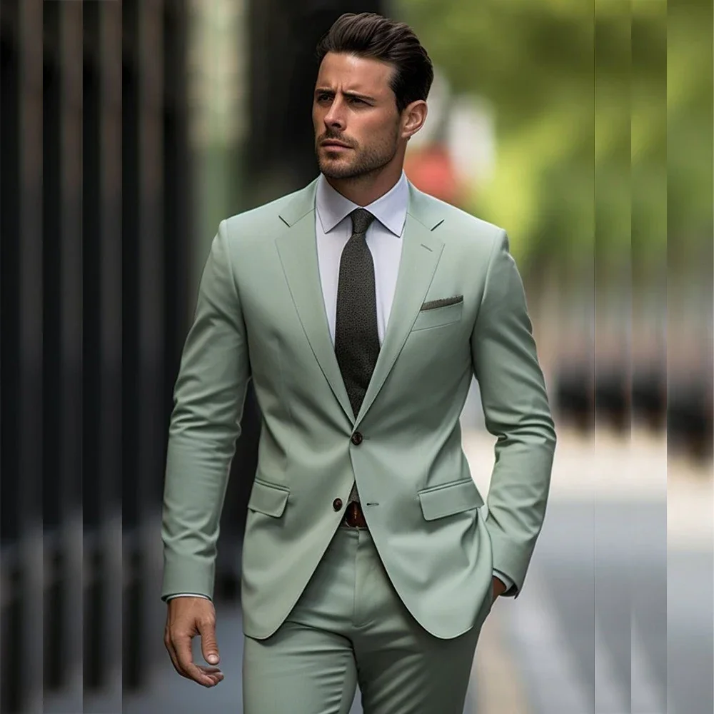 Casual Light Green Fashion Business Men Suit Formal Groom Groomsman Wedding Party Prom Male Tuxedos 2 Piece Set Blazer Pants