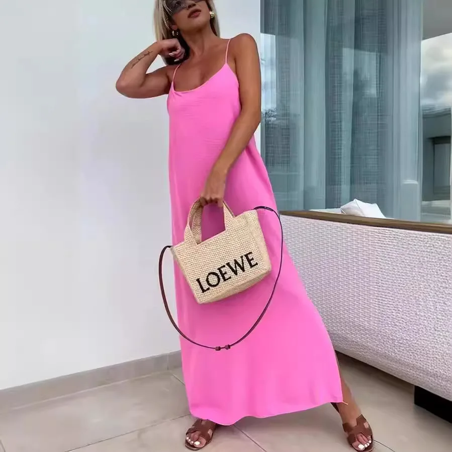 

Loose Suspender Solid Color Long Skirt With Side Slit O-neck Sleeveless Beach Sexy Off-shoulder Summer Casual Holiday Hood