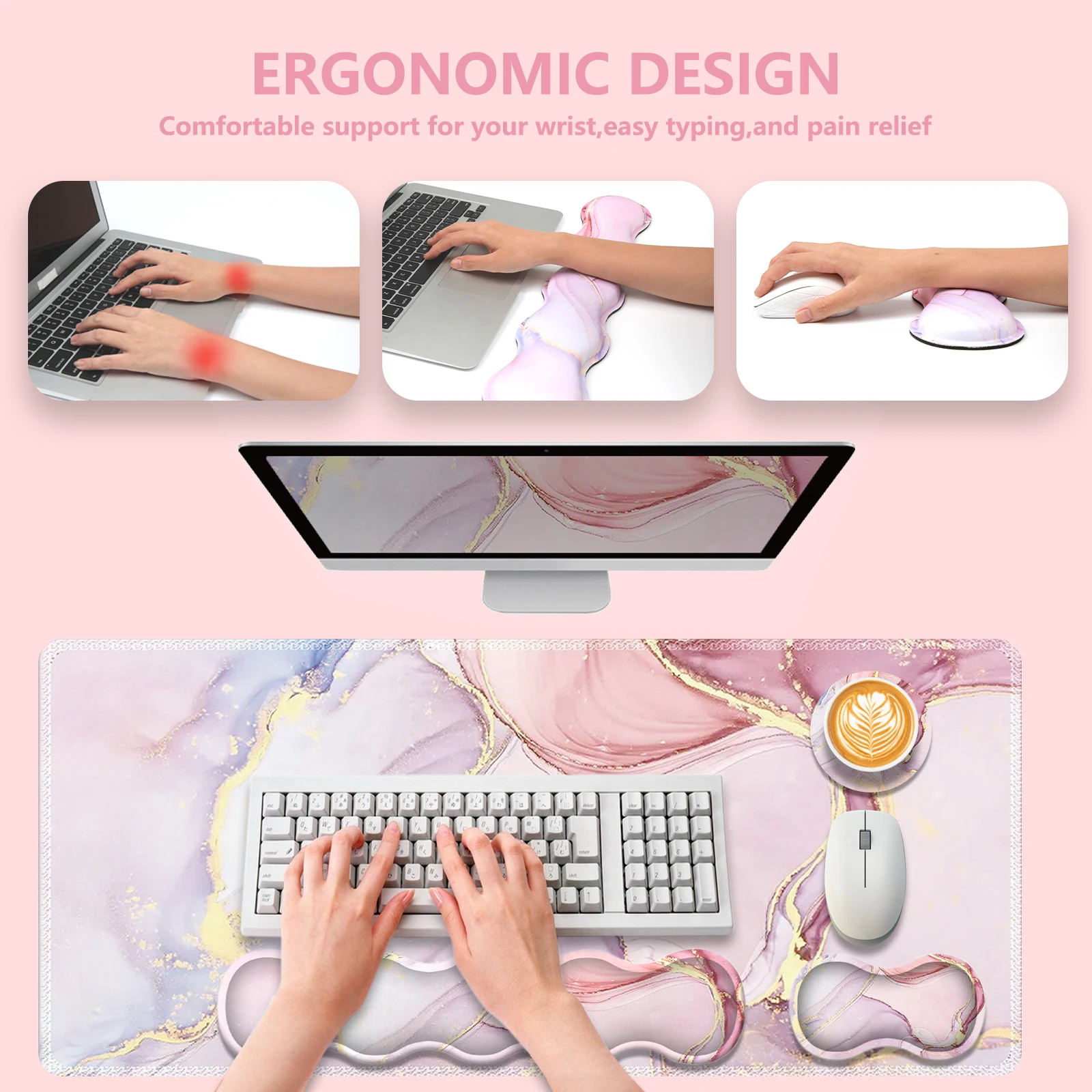 Pink Marble 4-piece Set -relieves wrist pain from long working hours, non-slip bottom, soft and comfortable, suitable for office