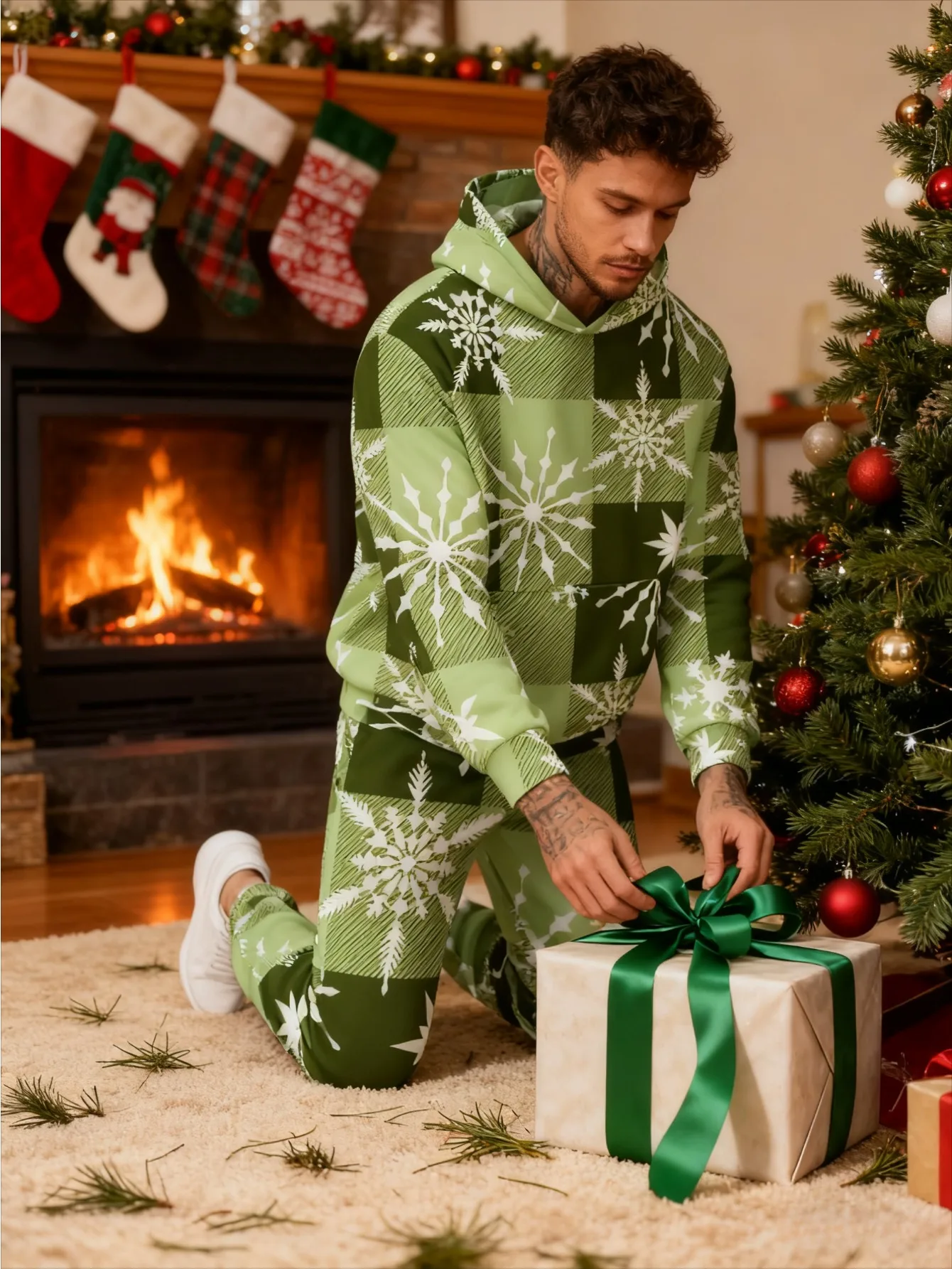 طقم بغطاء للرأس عصري مطبوع رقميًا للرجال مكون من قطعتين