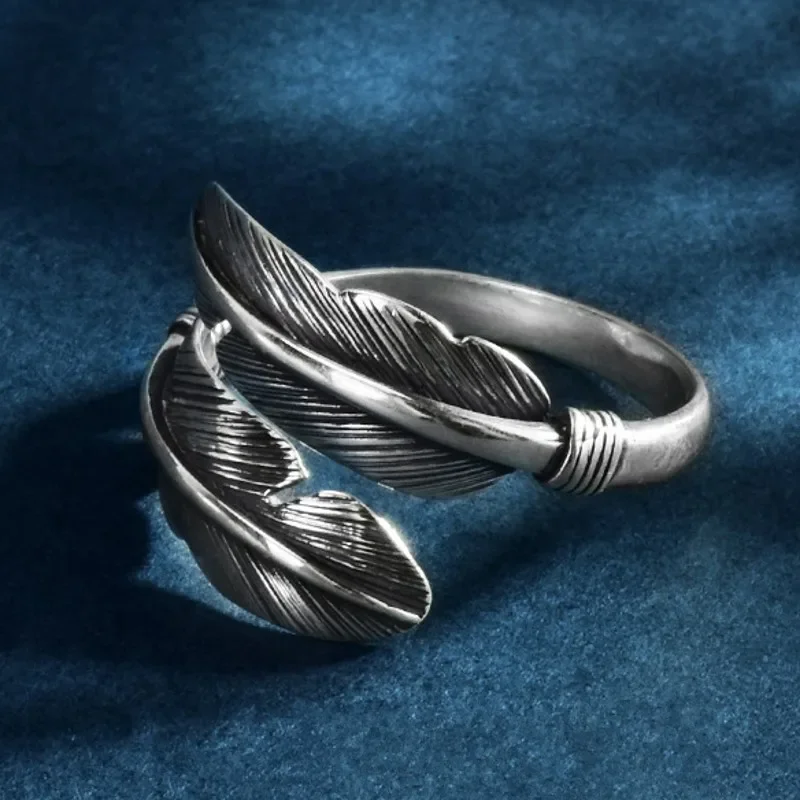 New S925 Silver Vintage Minimalist Hip-hop Roman INS Style Opening Feather Ring Men and Women Gift