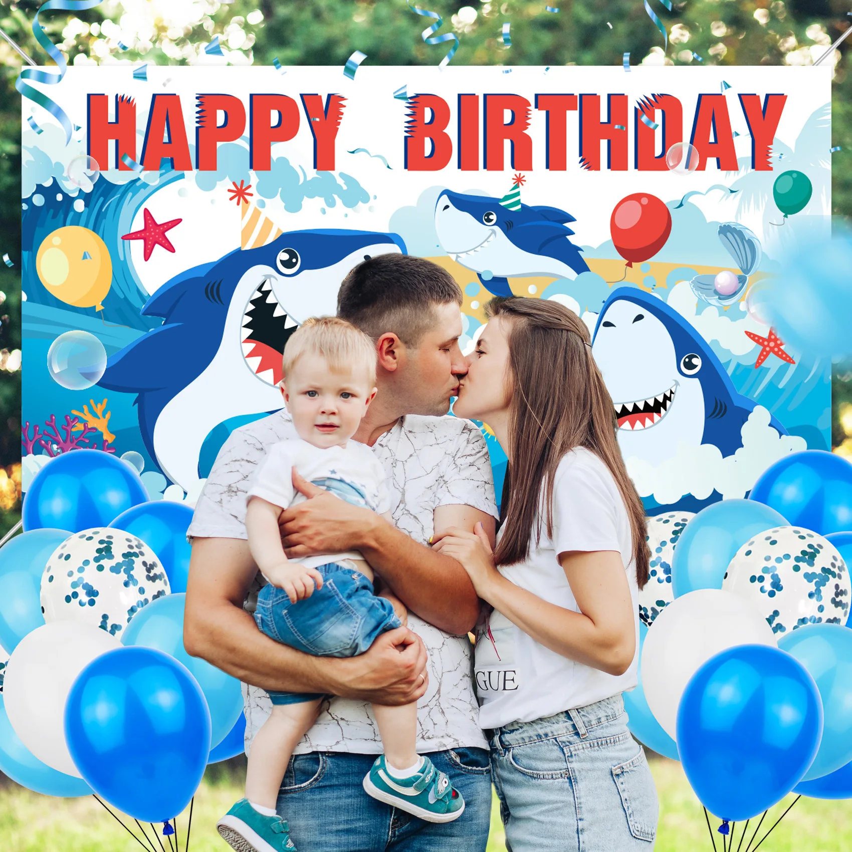 Sea Shark Themed Birthday Background Underwater World Sea Wave Child Birthday Party Decoration Banner Boy Photography Backdrops