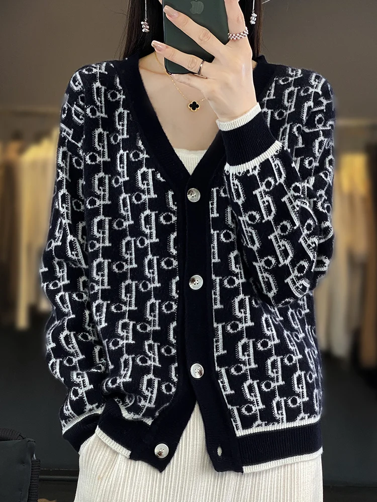 Women V-neck Heavy Duty Sweater Cardigan Cable Knitting Wool Sweater Autumn Winter Soft Long Sleeve 100% Merino Wool Knitwear