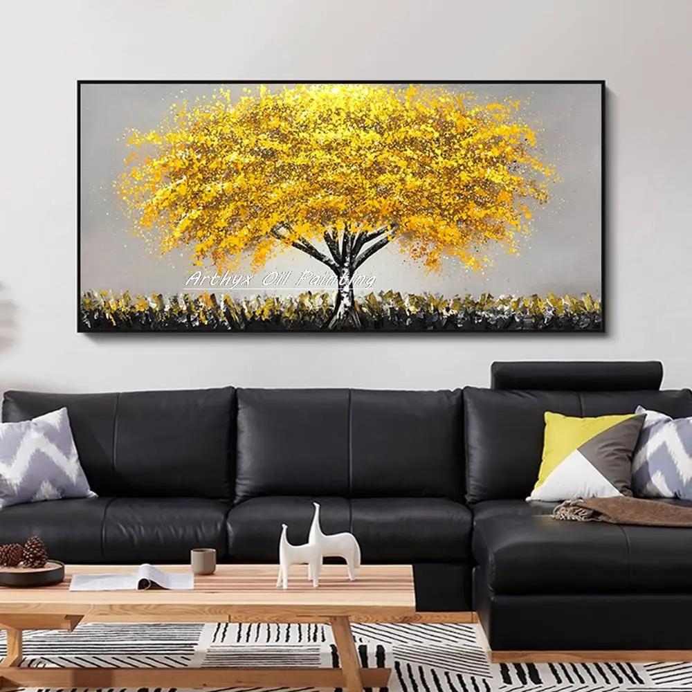 Arthyx Hand Painted Money Tree Oil Painting On Canvas Modern Abstract Landscape Wall Art Picture For Living Room Home Decoration