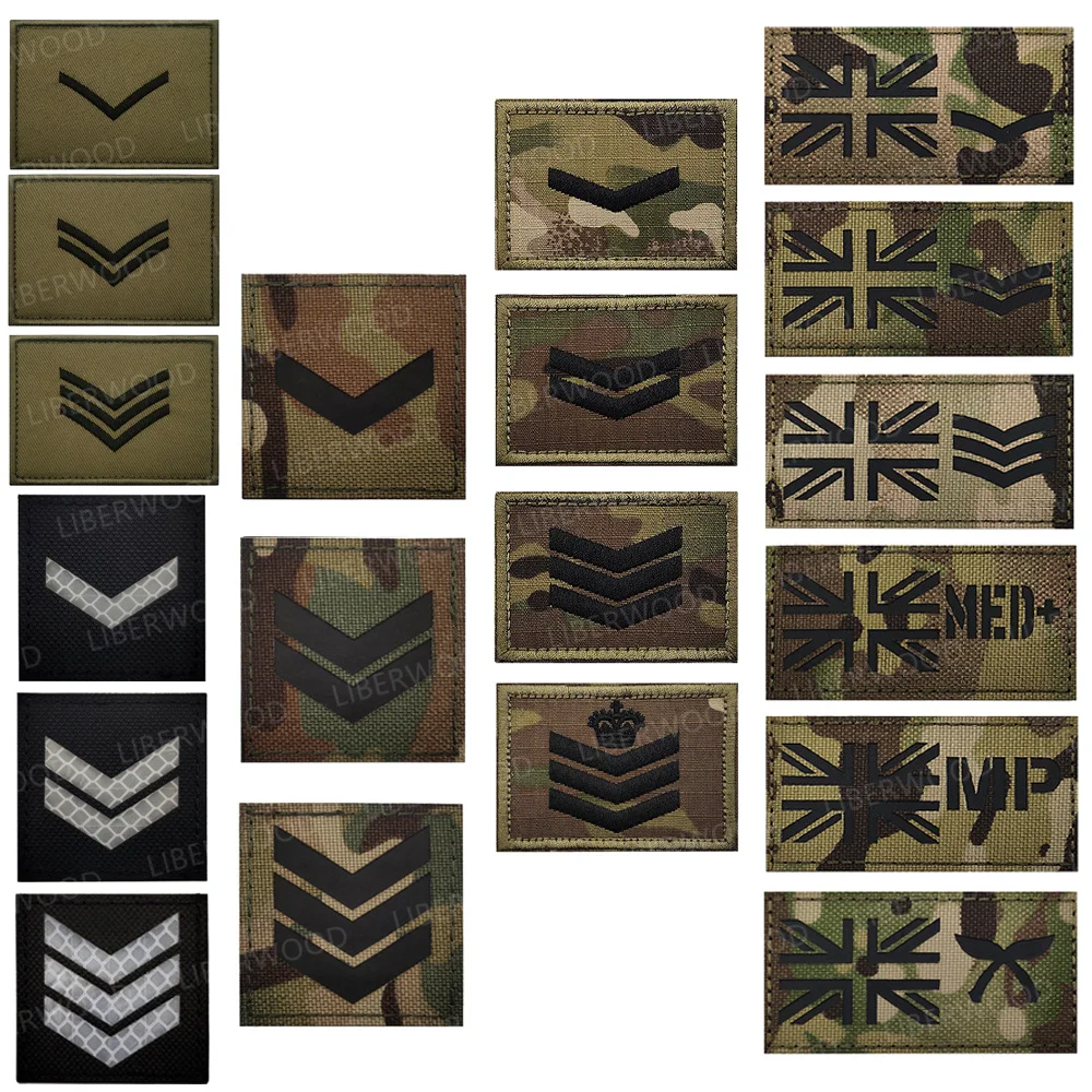 LIBERWOOD UK British Flag Army Infrared Reflective IR Patch Uniform Rank Arms Shoulder Armband MP MED CP Hook Tab Badge Emblem