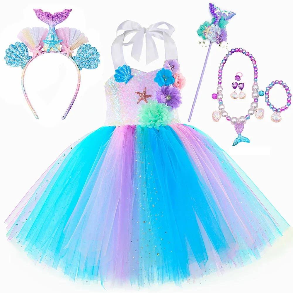 Sparkly Flower Mermaid Costume Girls Birthday Christmas Ballet Tutus Dress for Kids Seamaid Outfit with Fish Tail Bow Necklace