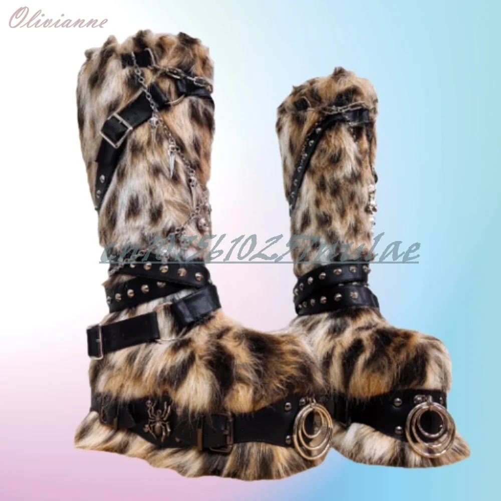 2026 New Punk Fur Boots with Round Toe Belt Buckle Design and Rivet Decoration Thick Soled Platform Hot Women Shoes Para Mujere