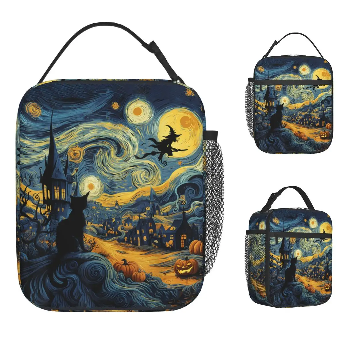 Cat Halloween Starry Night Pumpkin Gifts Lunch Bag Lunch Box For Adult Travel Convenient Cooler Bag Oxford Thermal Lunch Bags
