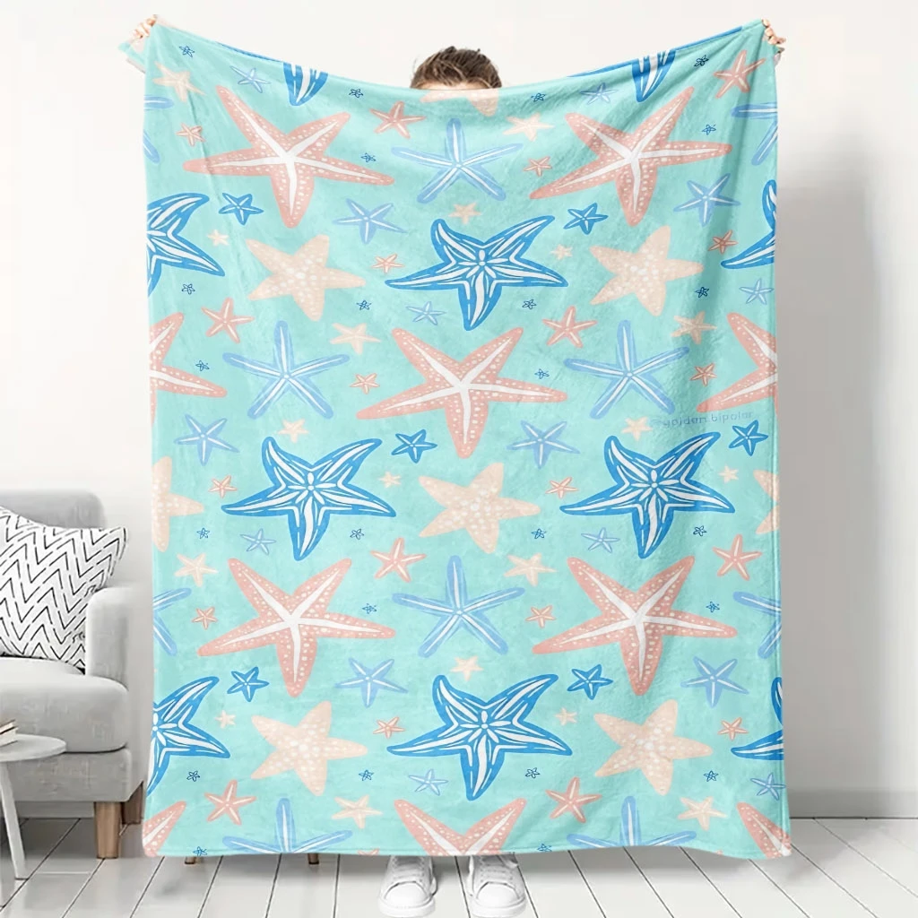 Light Mint Green Base Pink Blue Cartoon Starfish Full Print Fluffy Throw Blanket, Warm Soft Couch Coastal Summer Home Gift