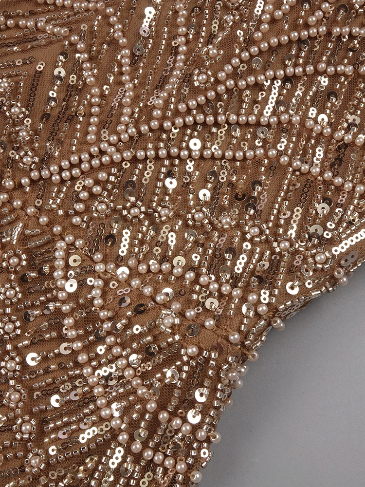 VC ชุดเดรสลูกปัดคริสตัลสีทองแขนกุดปิดไหล่สวยงามพร้อมถุงมือยาว