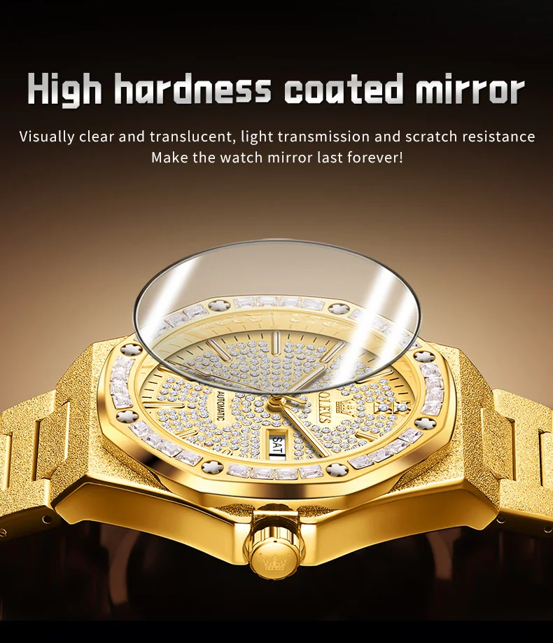 OLEVS 9803 Voll Diamantbesetzte Automatische Mechanische Uhren für Herren Luxus Edelstahl Wasserdicht Doppelkalender Business Herrenuhr – Detail 10