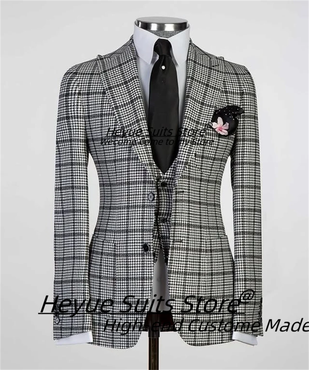 

Business High-qublity Plaid Men Suits Customized Slim Peak lapel Groom Wedding Tuxedos 3 Pcs Sets Male Prom Blazers Ropa Hombre
