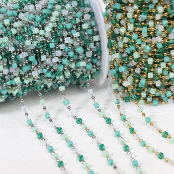 1 metre paslanmaz çelik zincir Bohemian yeşil küp kare kristal boncuk zincir takı yapımı için DIY kolye bilezik malzemeleri