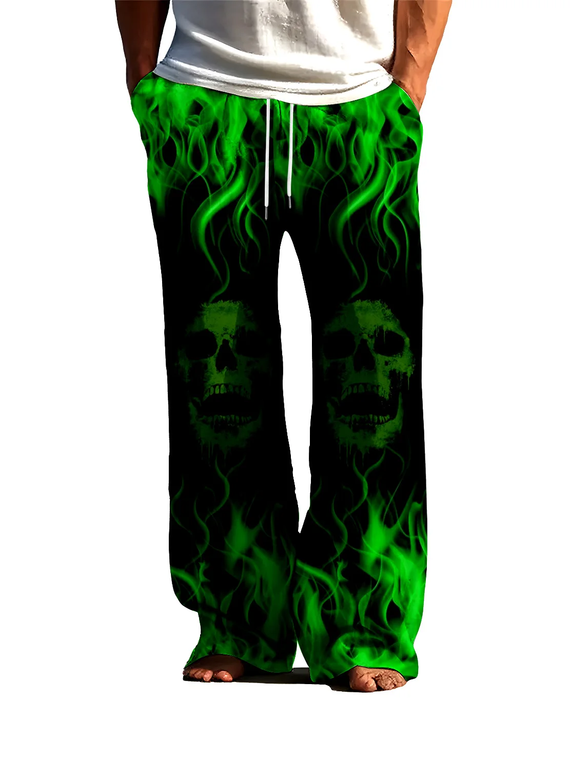 

Модные мужские брюки с 3D цифровой печатью, зеленым пламенем и рисунком черепа, быстросохнущие, не выцветающие уличные тонкие повседневные брюки