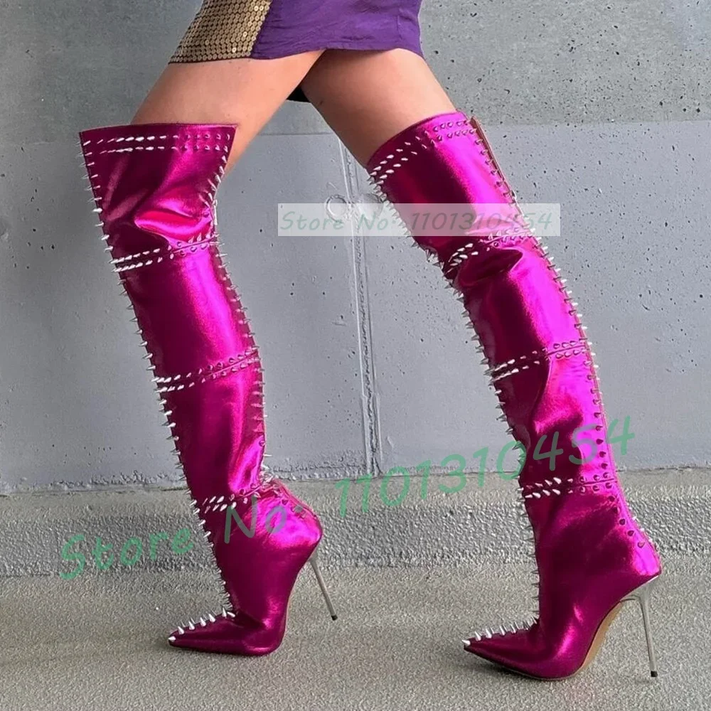 

Point Toe Rivets Metallic Leather Thigh Boots Women Sexy Metal Studded Leggy High Heels Boots Ladies Winter Back-zip Dress Shoes