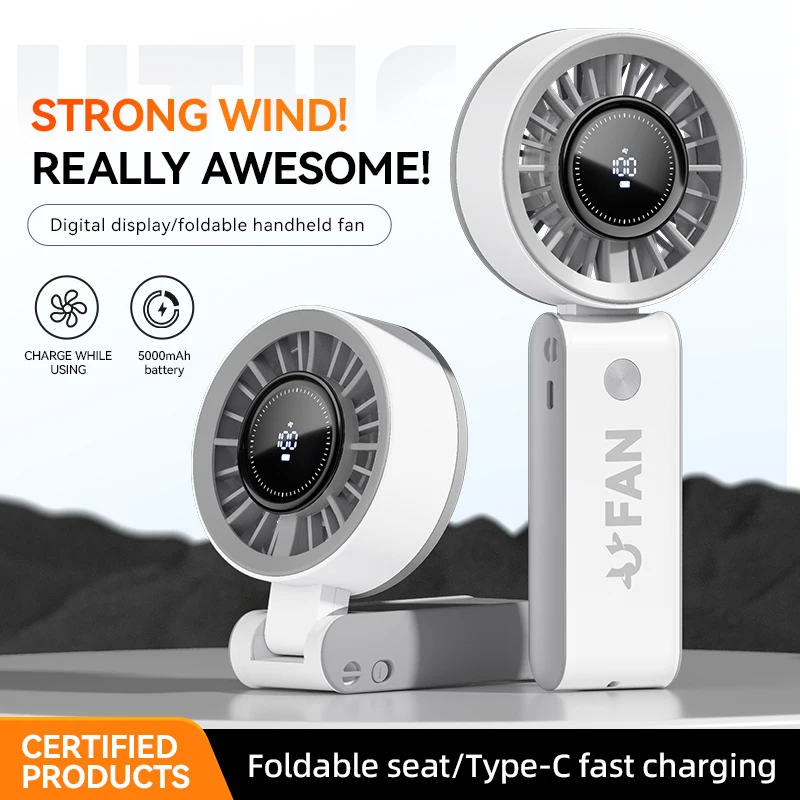 Handheld Fan High-speed Small Digital Display Cool Fan Mini Portable Type-C Charging Desktop Folding 100 Level Hanging Neck Fan