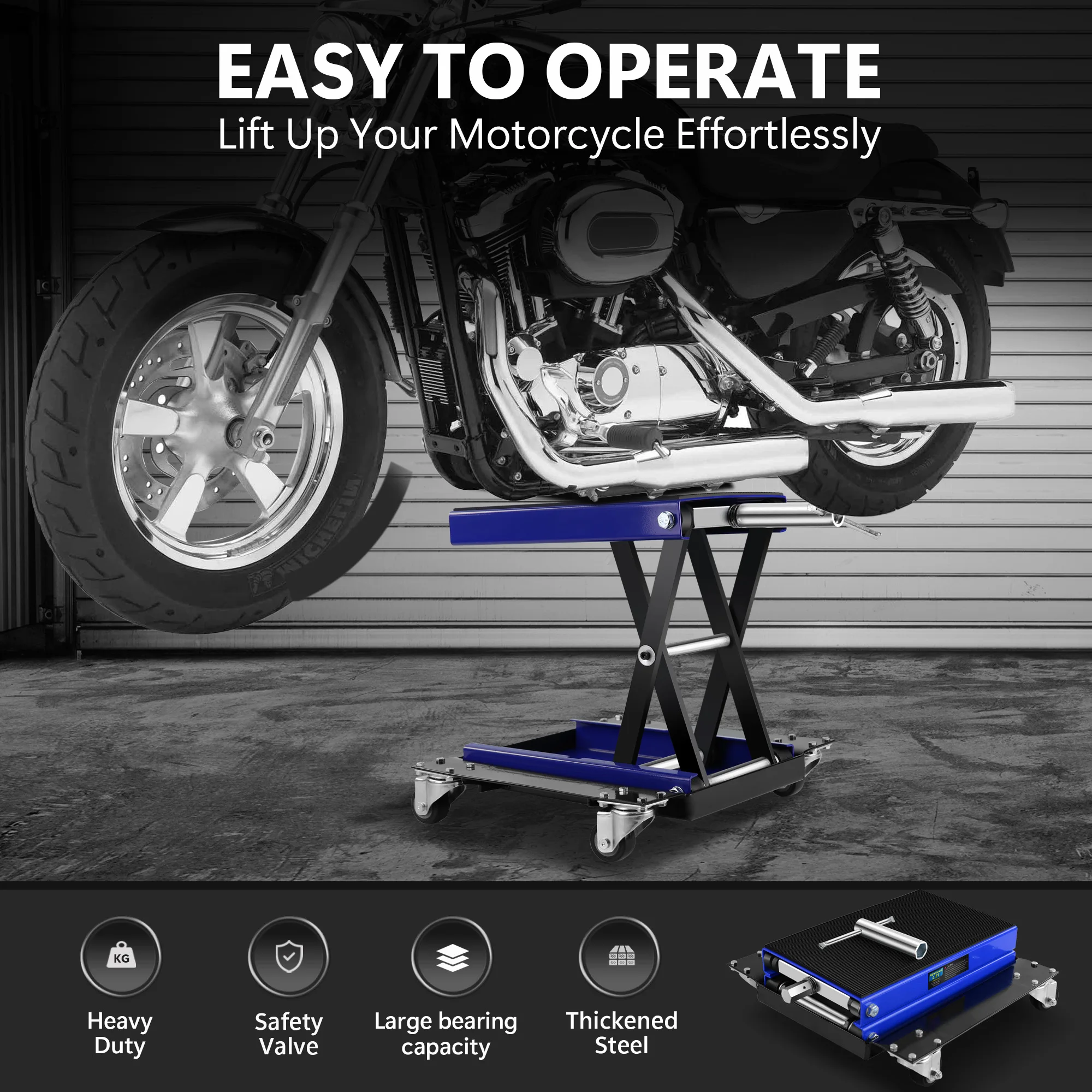 1100 Lbs Steel Wide Deck Motorcycle Lift ATV Scissor Lift Jack with Dolly and Hand Crank Bikes Garage Repair Hoist Stand