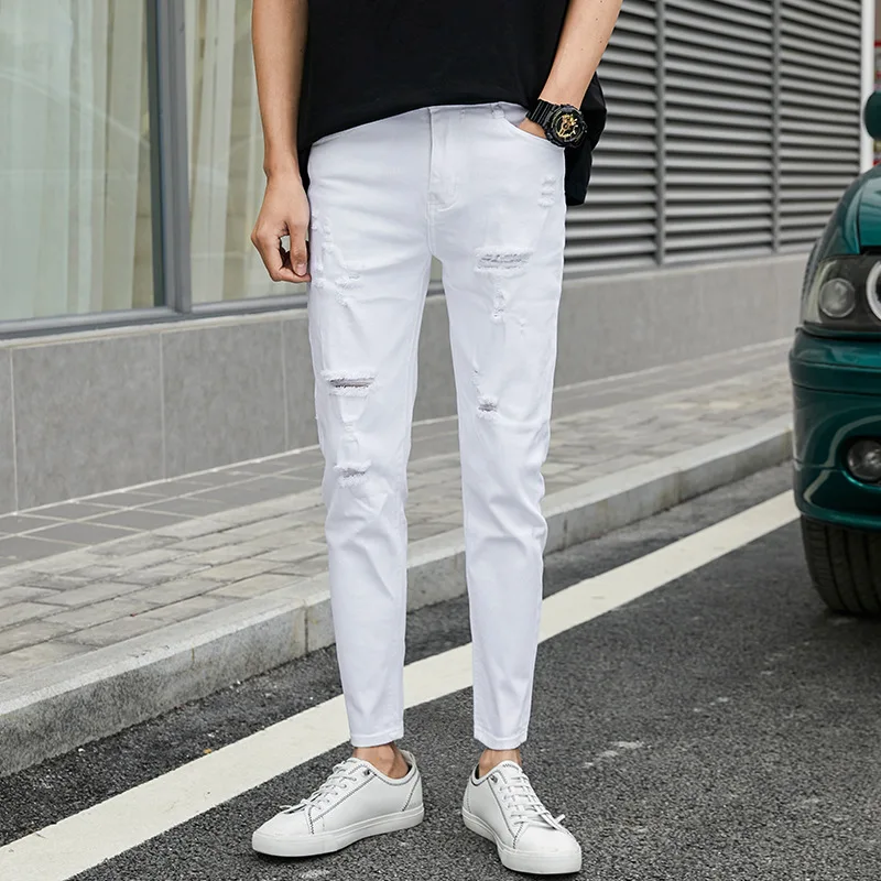 

Color Ripped Casual Slim Fit Pencil Jeans for Men Cotton Blend Fabric mid Waist Zipper Closure Comfortable Stretch Denim