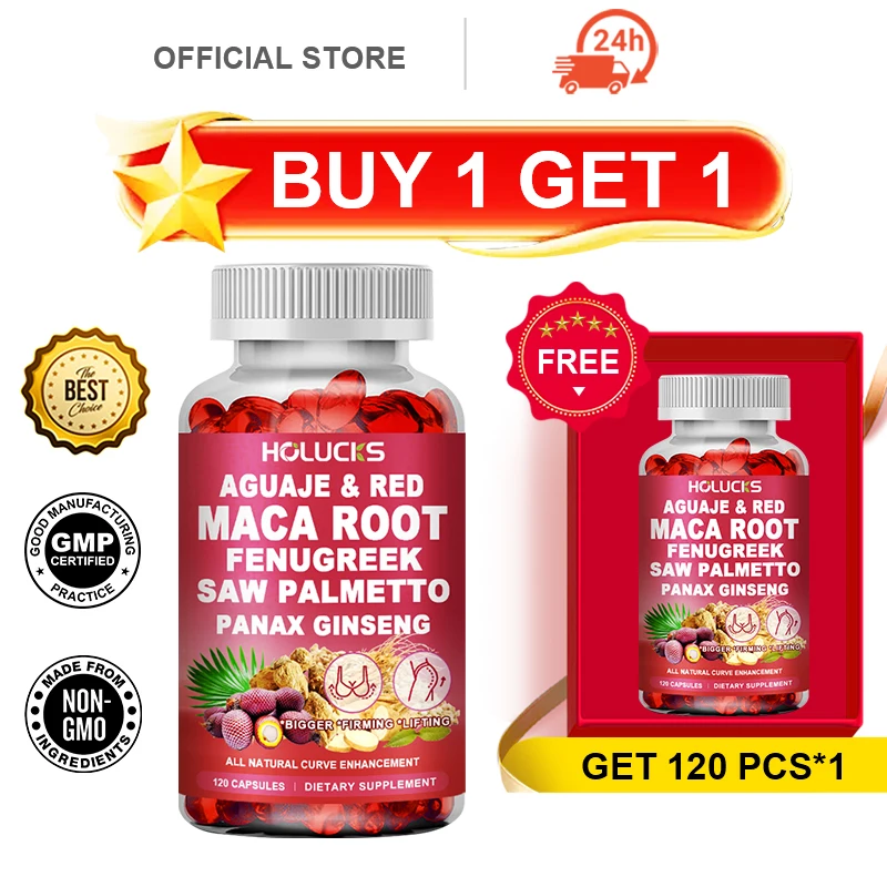 Cápsulas HOLUCKS de Aguaje y Maca Roja, con Fenogreco y Panax Ginseng, Favorecen el Levantamiento de Curvas, la Elasticidad de la Piel y la Vitalidad Femenina