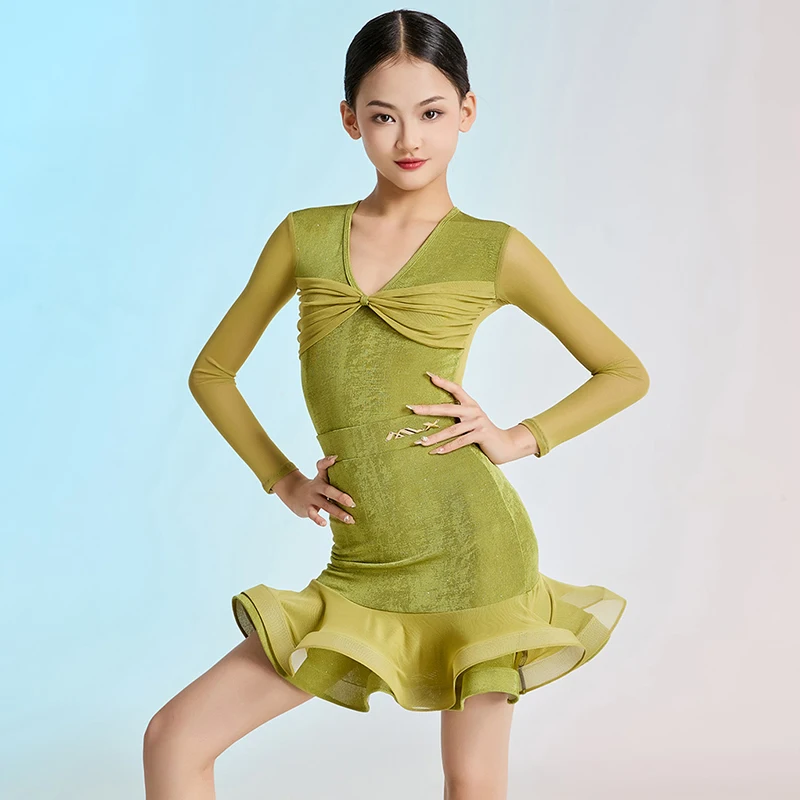 

Одежда для латинских танцев для девочек, зеленый танцевальный костюм, боди с длинными рукавами, тренировочная юбка, детский тренировочный костюм для латинских танцев 2415