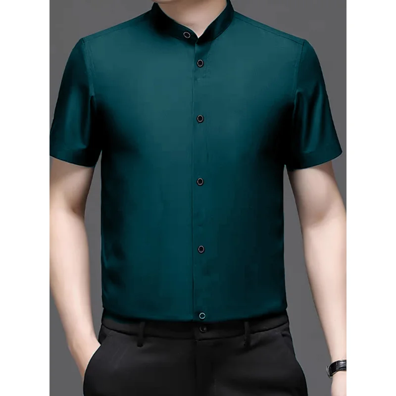 

Тонкая дышащая мужская рубашка из ледяного шелка с воротником-стойкой и короткими рукавами; свободная и повседневная летняя блузка.