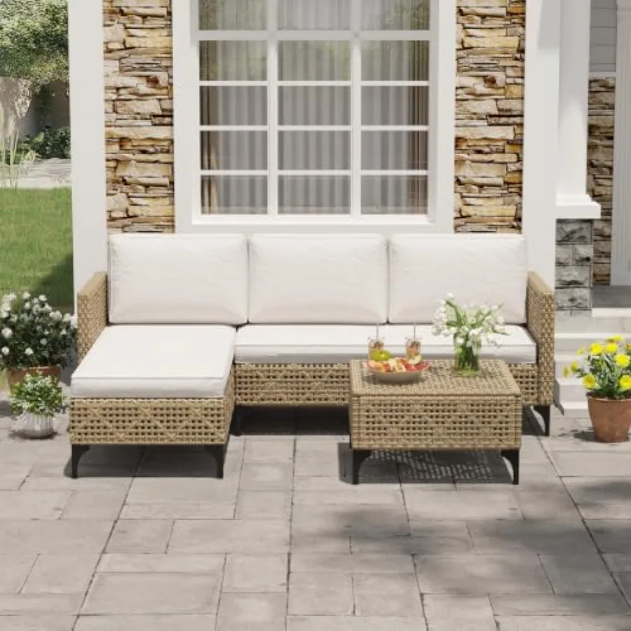 Outdoor patio furniture set: wicker rattan sofa set with cushions and coffee table, brown, weather-resistant for backyard use
