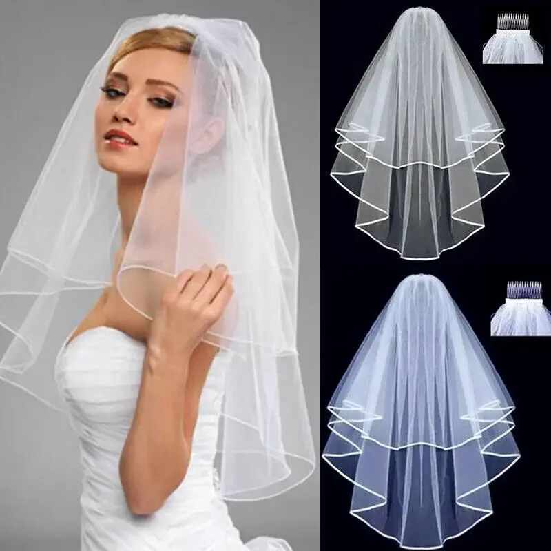 New White Ivory Wedding 2T Elbow Length Satin Ribbon Edge Comb Bride Bridal Veils