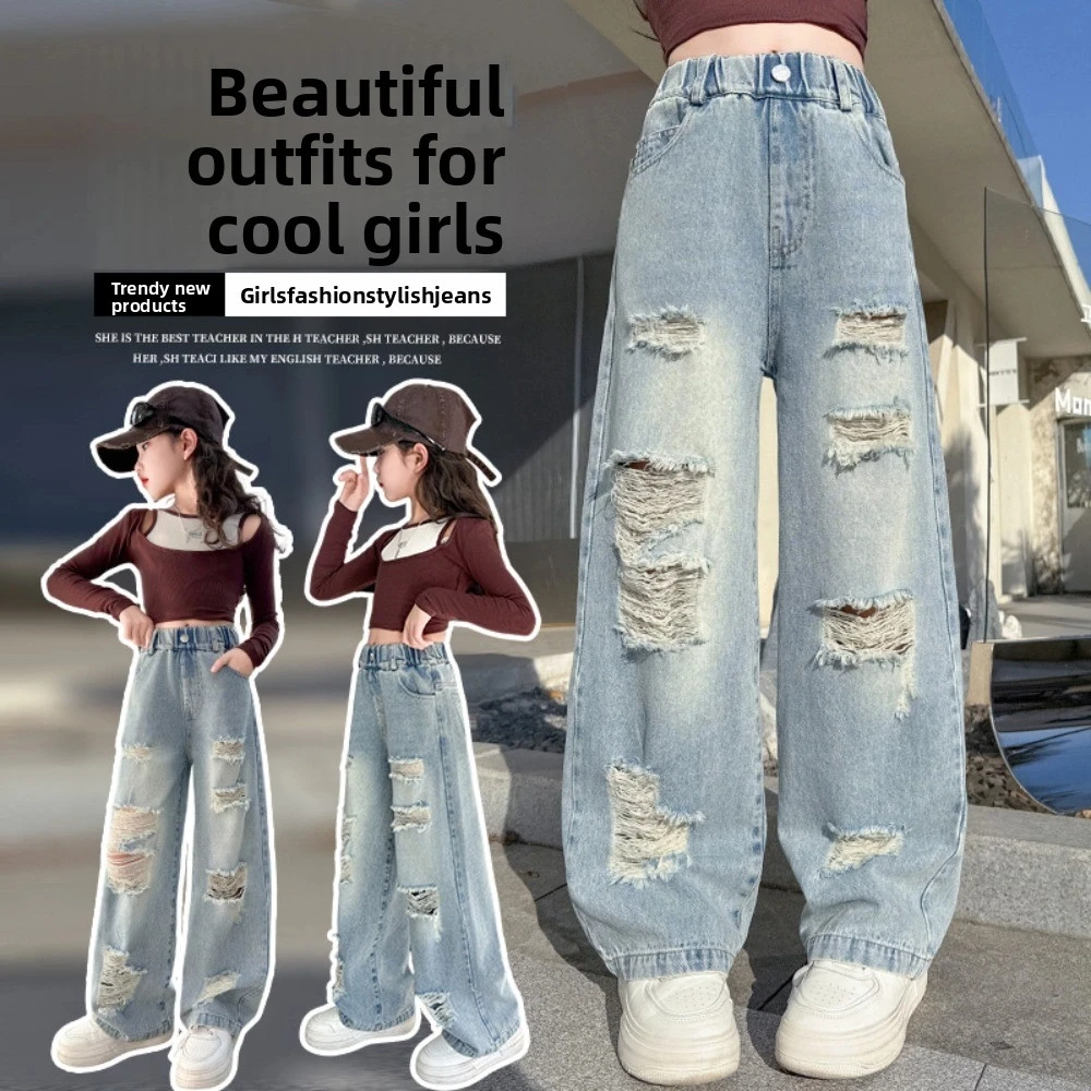 

Ripped Wide Children Jeans Straight High Waist Blue Teen Girl Jeans Korean Style Streetwear Girls Denim Trousers Spring Autumn