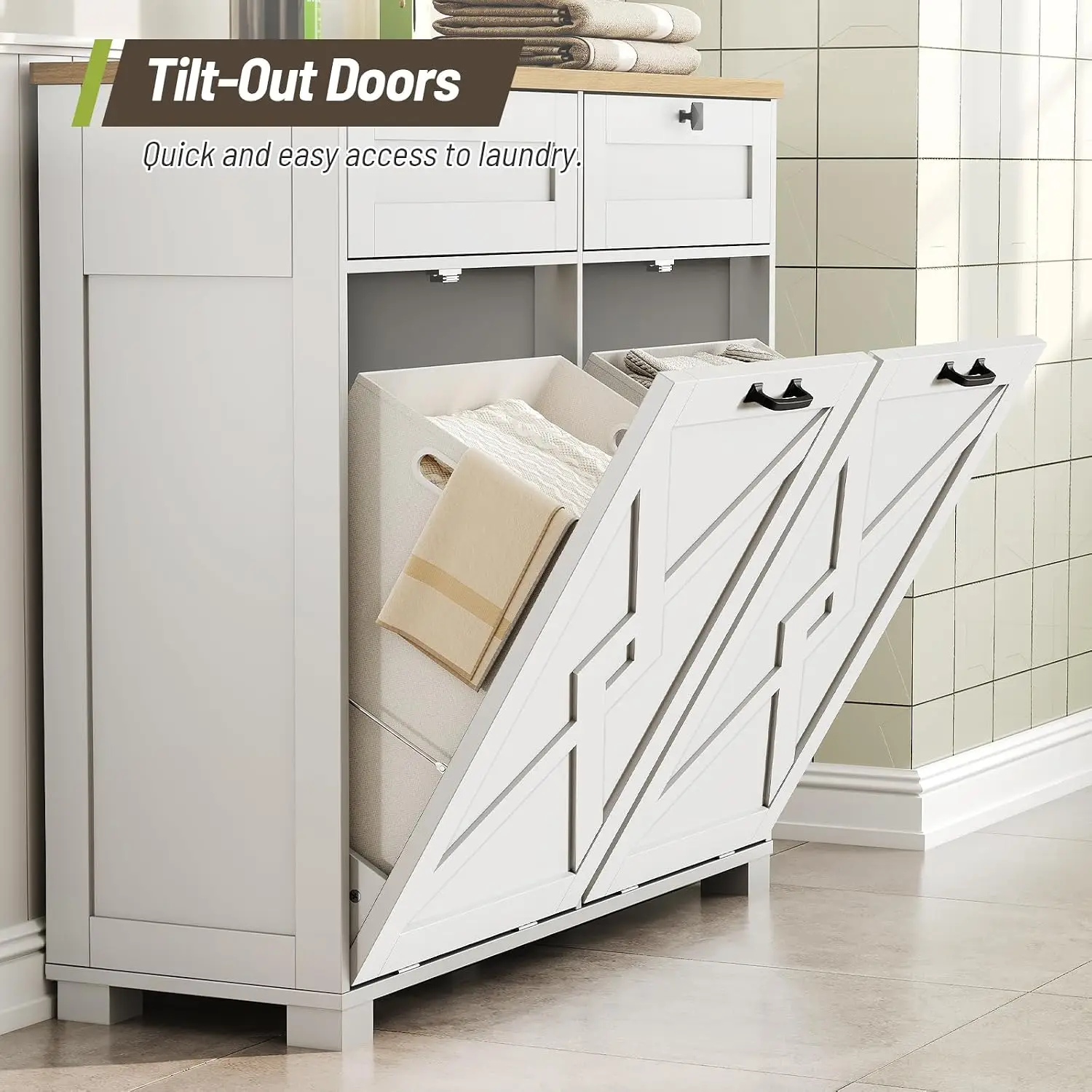 Tilt-Out Hamper Cabinet 2x13.6 Gallon Hidden Storage 2 Drawers Laundry Room Bathroom Kitchen White Natural, Customized
