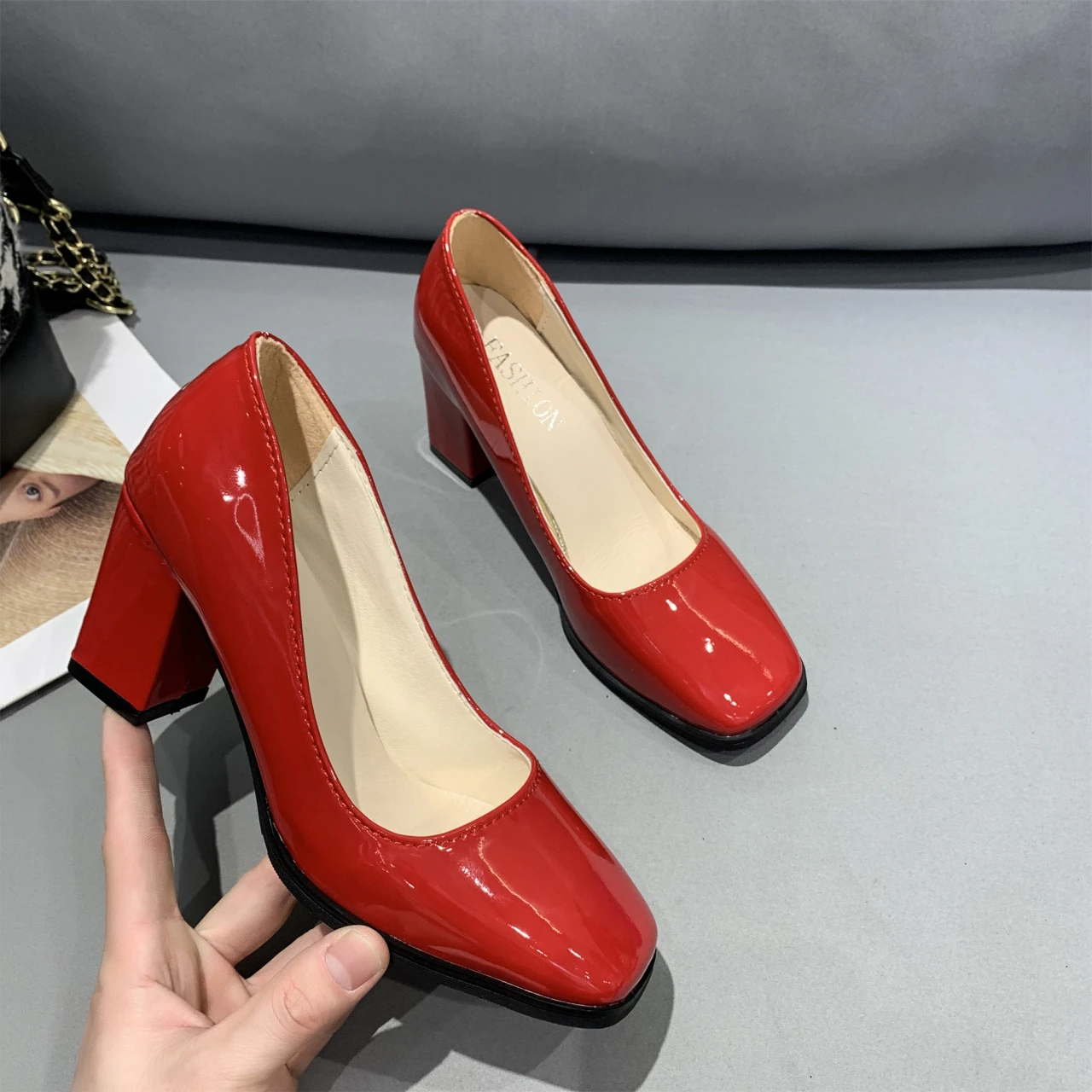 Neue Quadratische Tou Lacklederschuhe Damen Pumps mit Dicken Absätzen Sapato Feminino Arbeits- und Partyschuh Übergroße Plusgröße 50 Zapatos Mujer – Detail 10