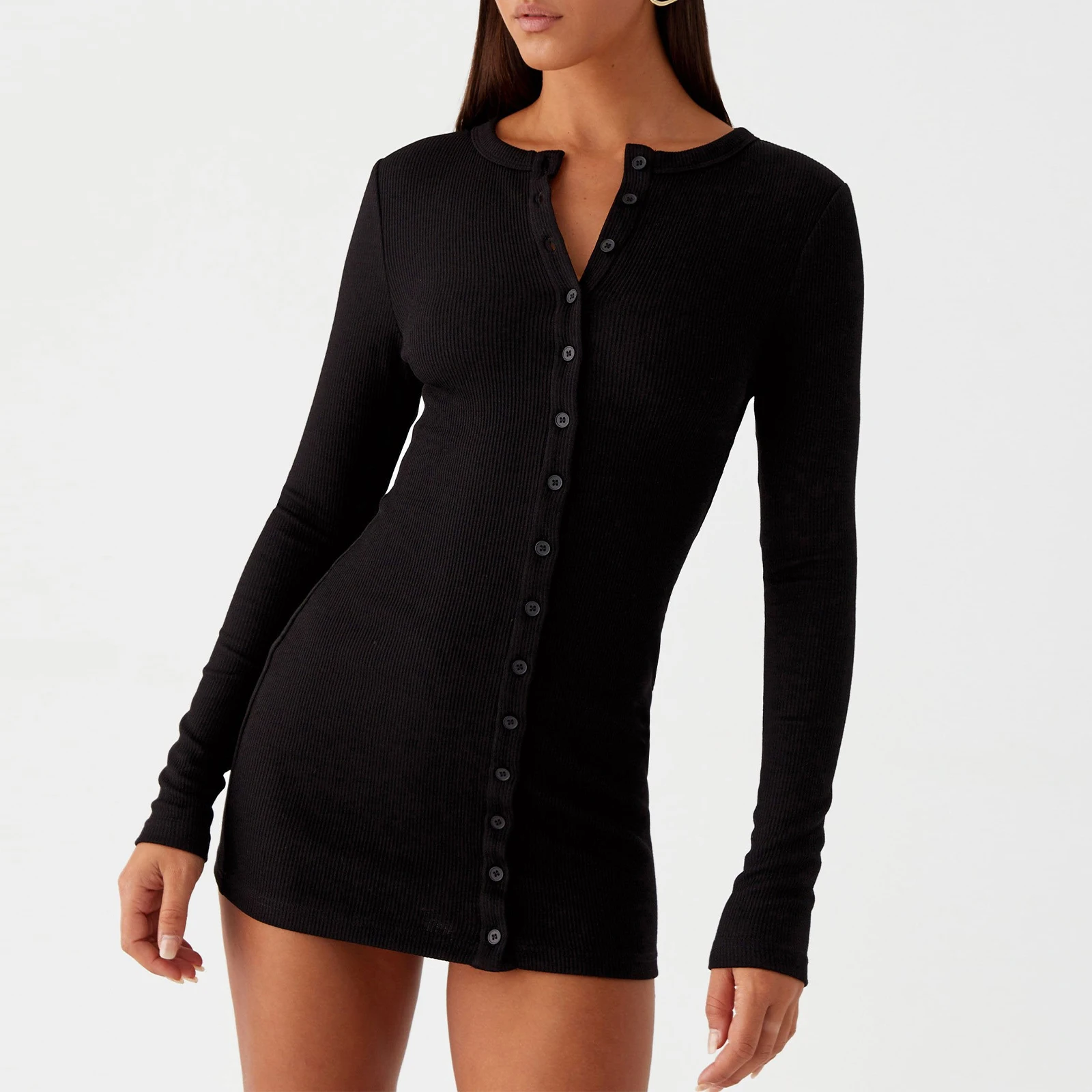 Women Ribbed Long Sleeve Button Down Short Boydcon Dress Crew Neck Fitted Solid Casual Going Out Party Club Night Mini Dresses