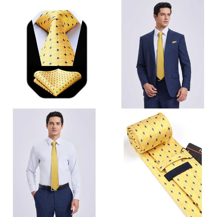 

Plaid Checkered Tie Handkerchief Woven Classic Formal Men's Necktie & Pocket Square Set, D1-yellow
