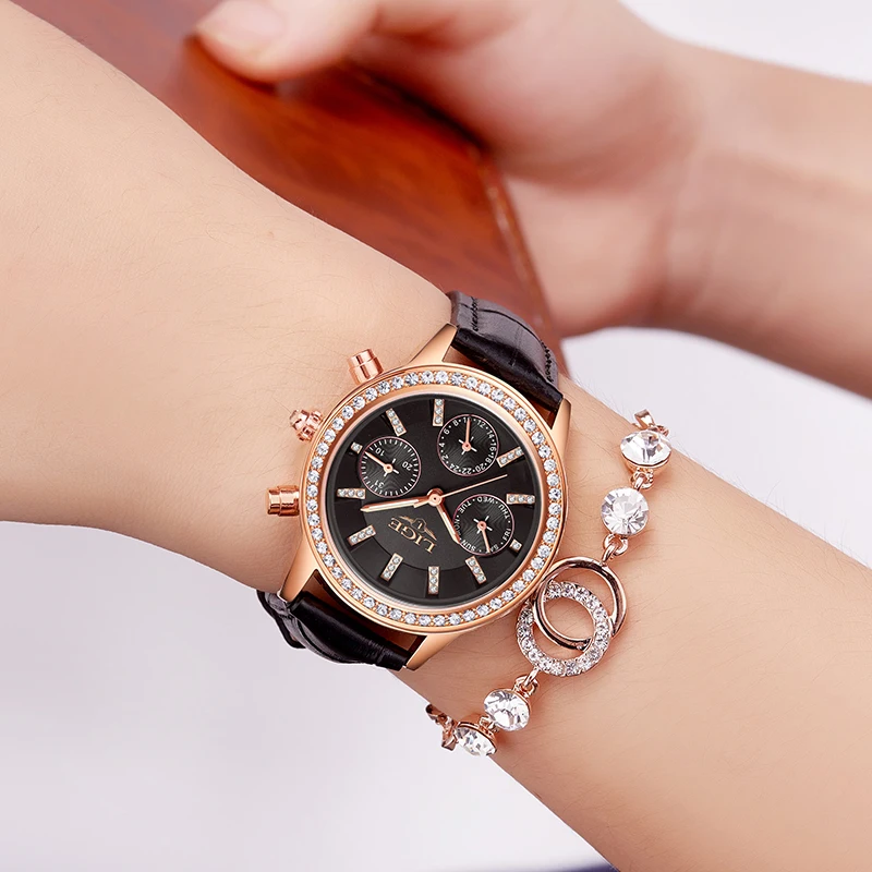 LIGE New Top Luxury Brand Women Watches Leisure fashion Leather Quartz Ladies Diamond Fashion Watch Female Gift Relogio Feminino