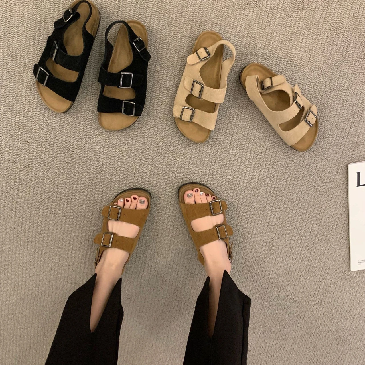 Casual Sandals for Women 2025 Leather Metal Ankle Buckle Strap Summer Beach Ladies Low Heel Handmade BIRKEN Shoes