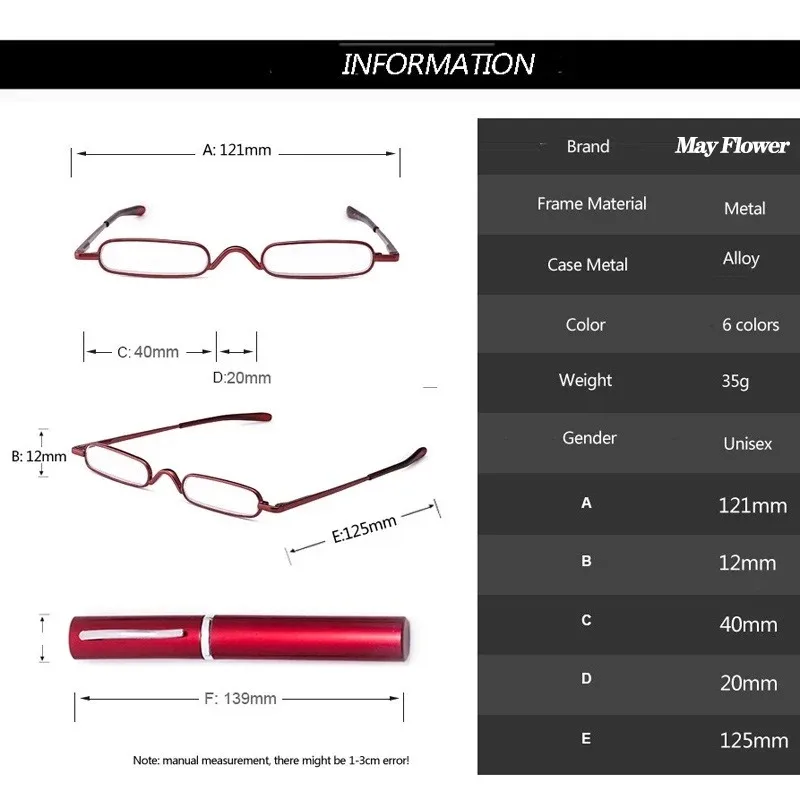 Neue Mini Super Schmale Falten Lesebrille Frauen Männer Tragbare Container Presbyopie Stift Gläser Mit Box + 1 + 1,5 + 2 + 2,5 + 3,0 – Detail 5