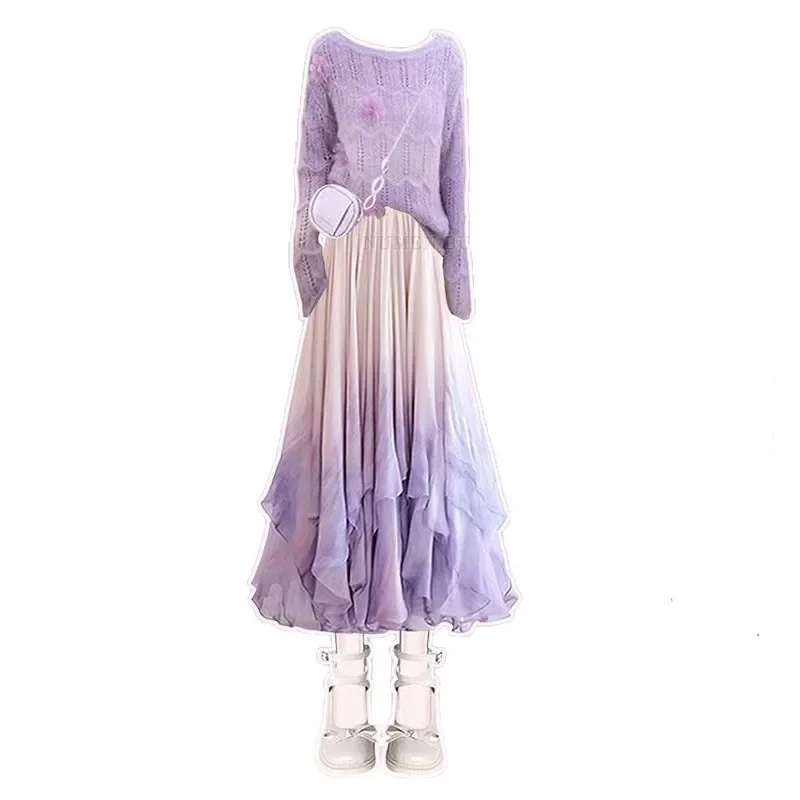 مجموعة الخريف من سترة المرأة اللطيفة والأنيقة المحبوكة الناعمة واللزجة المقترنة مع التعادل صبغ التخسيس نصف تنورة قطعتين مجموعة #6