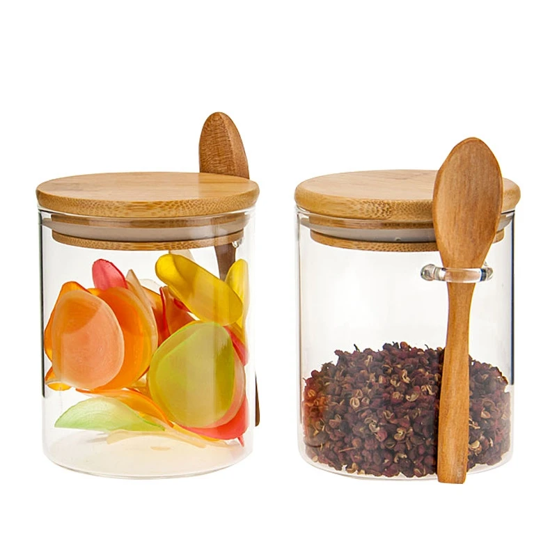 3X Glass Food Airtight Canister Castor Wooden Twist Lid Kitchen Candy Storage Tank Jar Food Container With Wooden Spoon