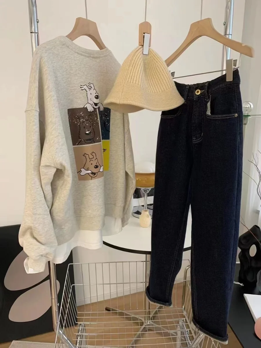 เสื้อฮู้ดดี้ลายการ์ตูนสุนัขตัวน้อย ดีไซน์หลวม สไตล์ลำลอง รุ่นใหม่ ฤดูใบไม้ผลิ/ฤดูใบไม้ร่วง 2024  แบบสองชิ้นในตัวเดียว