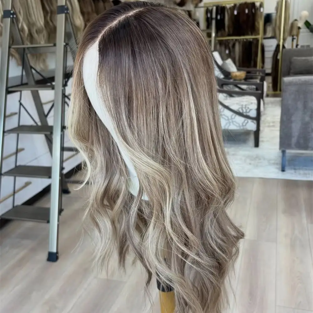 Glueless Wig 13x4 Ombre Ash Brown with Blonde Streaks Colored Synthetic HD Lace Front Wig Preplucked Hairline Like Human Hair