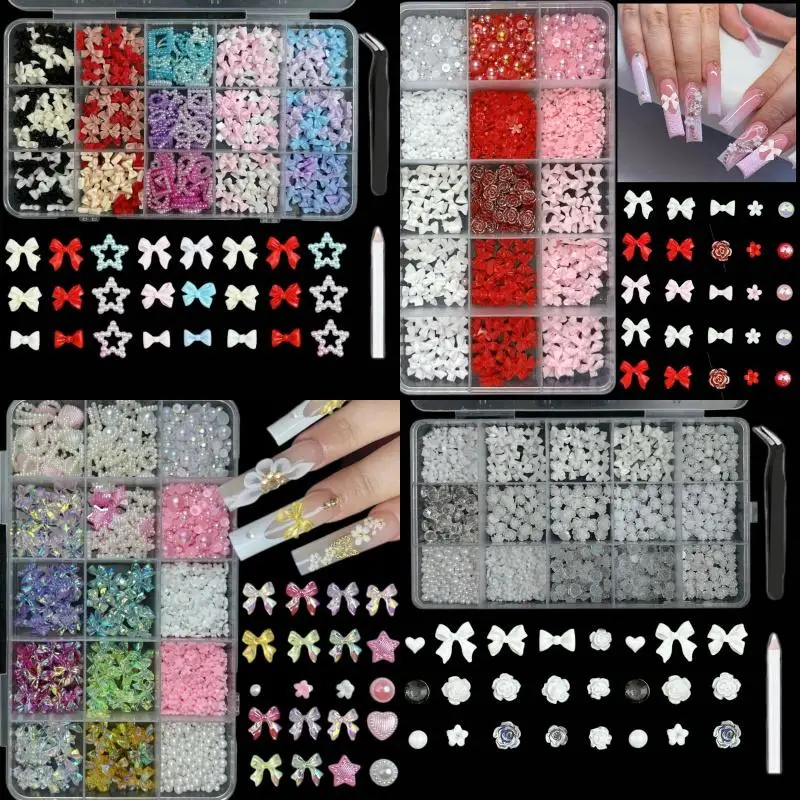 

1Box Colorful Mixed Resin Bow Nail Art Decoration Pearl Heart Glossy Flatback Diamond Nail Charms DIY Nail Accessories Crafts