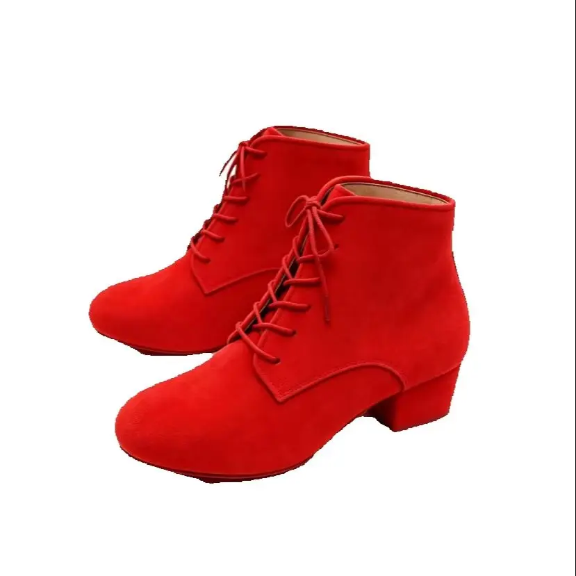 Women Suede Lace Up Ankle Dance Boots Closed Toe Low Block Heel Split Sole Latin Ballroom Salsa Jazz Party Dancing Shoes Sandals